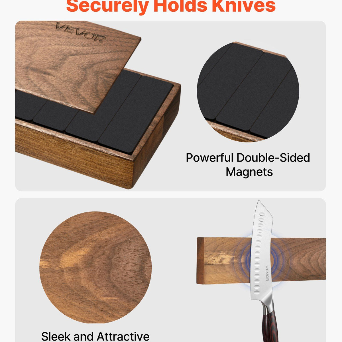 Magnetic knife rack with wooden finish, showing features like double-sided magnets and a knife on display.
