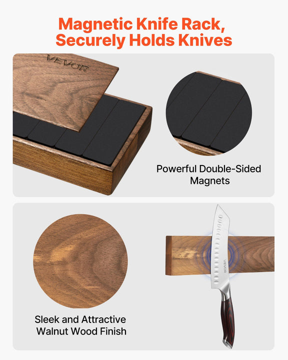 Magnetic knife rack with wooden finish, showing features like double-sided magnets and a knife on display.
