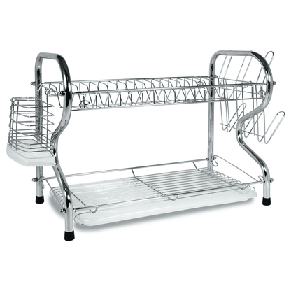 Chrome dish rack with two tiers on a white background