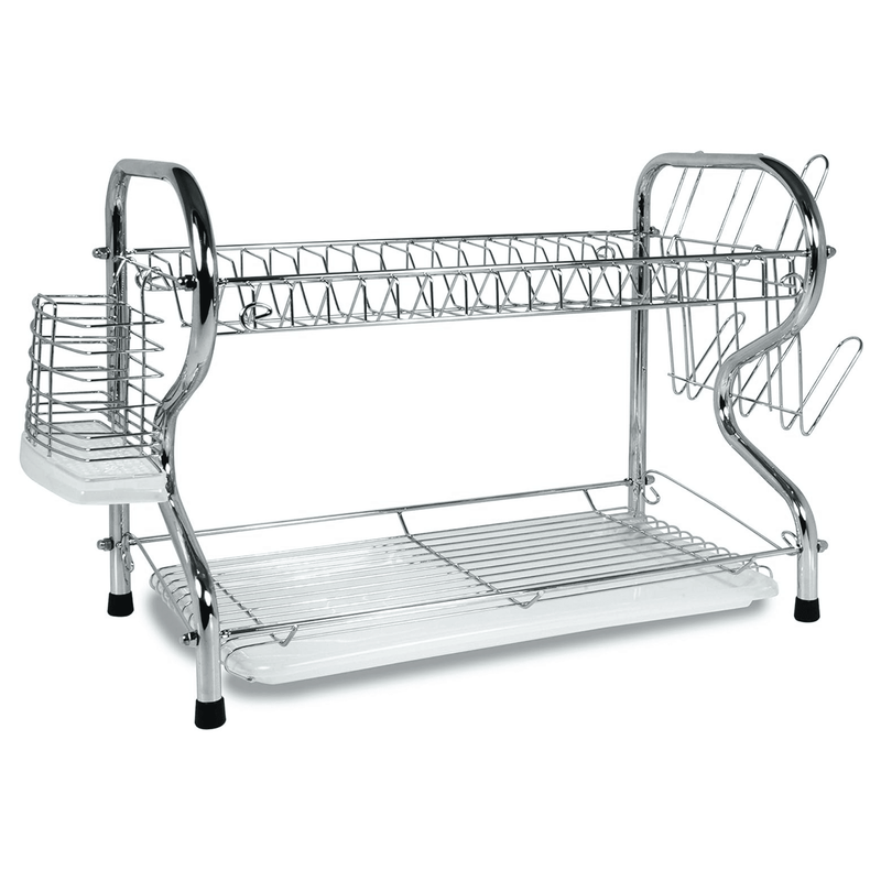 Chrome dish rack with two tiers on a white background