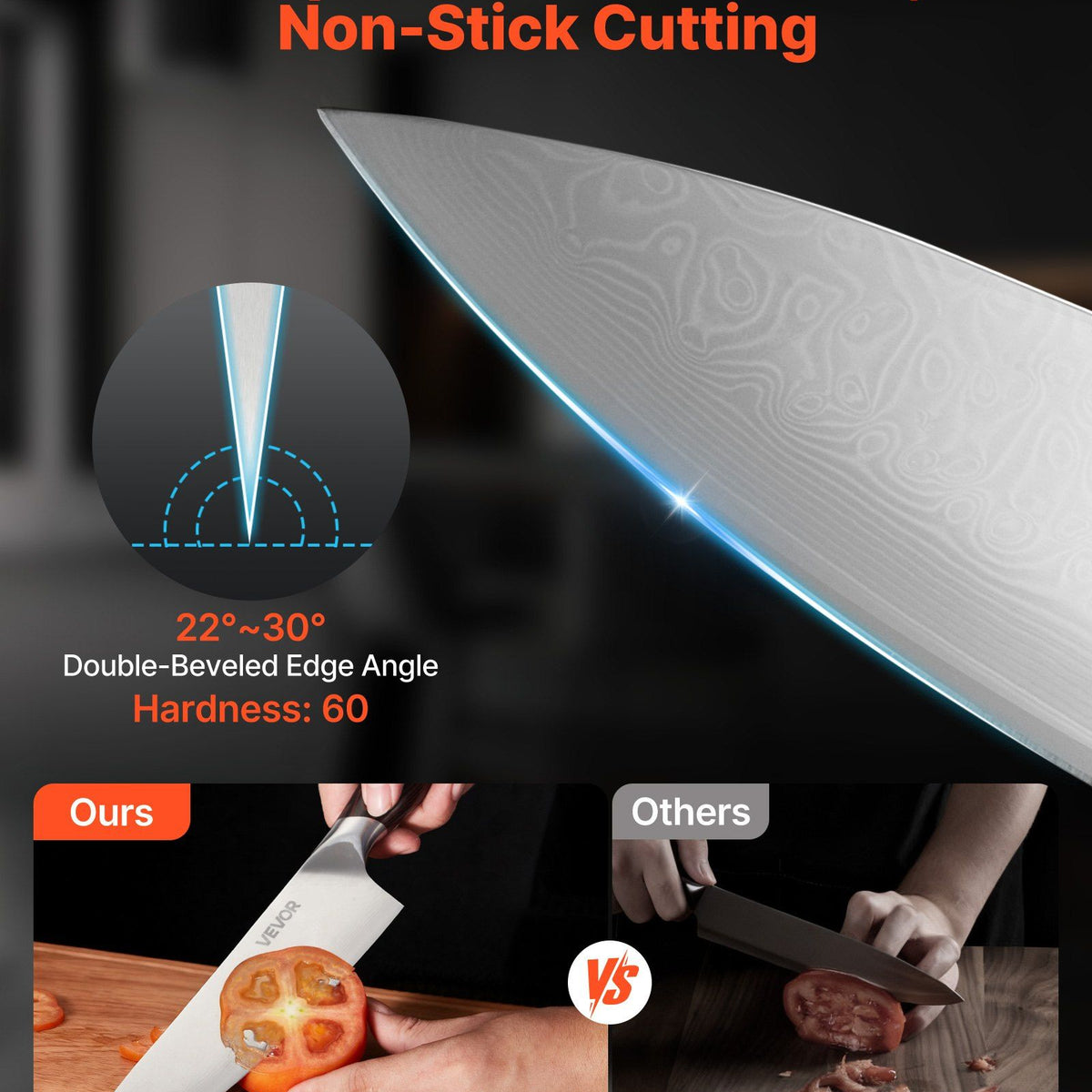 Knife with text about sharp blades for smooth cutting on a dark background