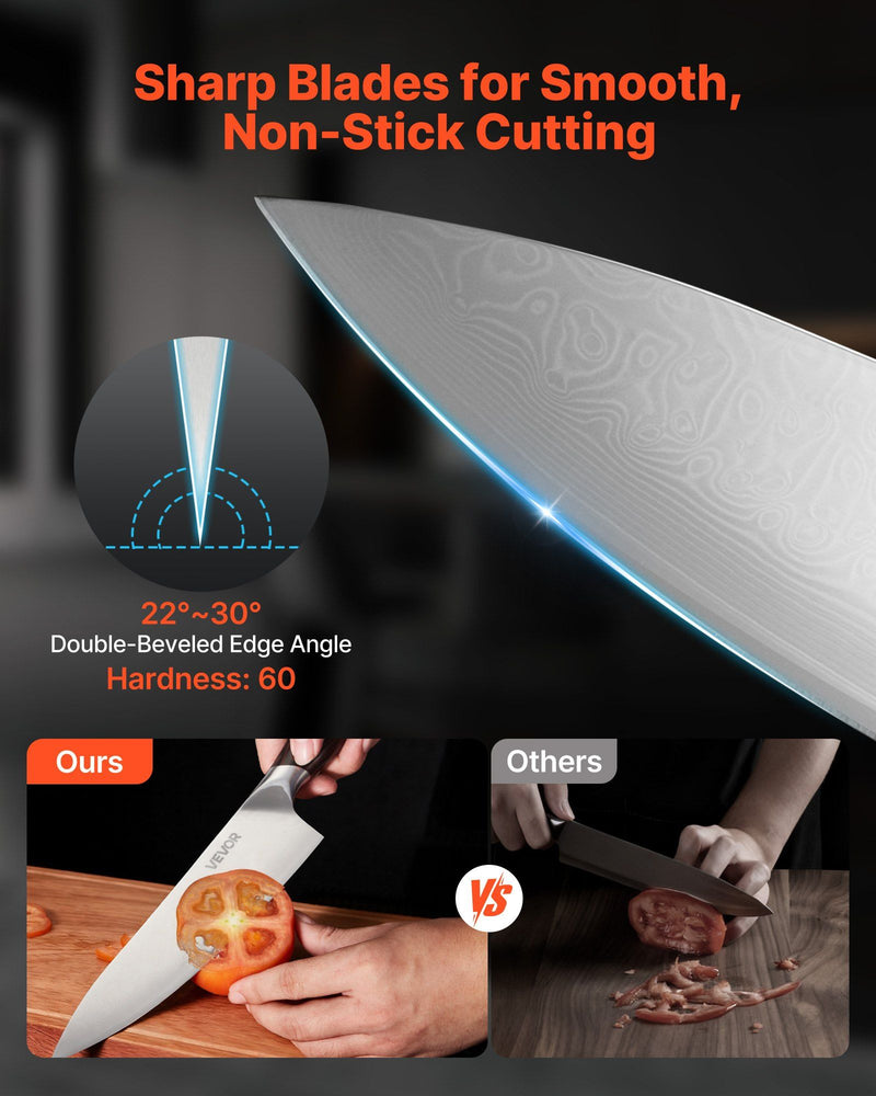 Knife with text about sharp blades for smooth cutting on a dark background