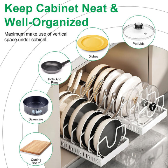 Kitchen cabinet organizer with pots, pans, lids, bakeware, and cutting board, featuring text on maximizing vertical space.