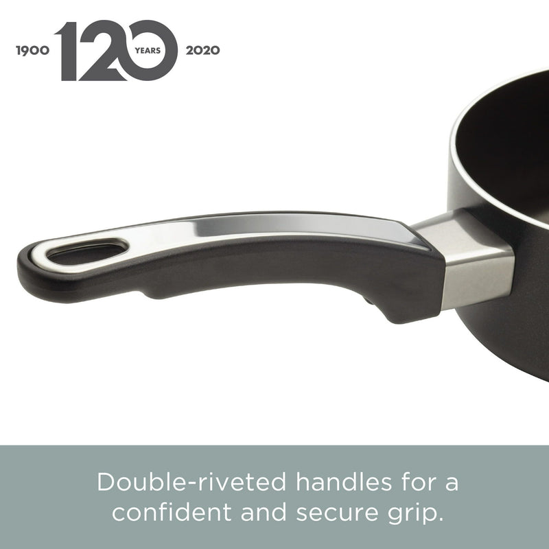 Black saucepan with a double-riveted handle on a white background, featuring 1900-2020 branding.