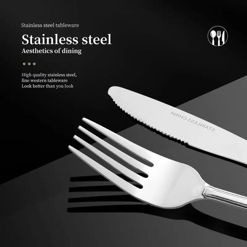 Stainless steel knife and fork on a black background with branding.