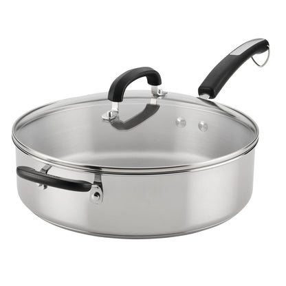 Stainless steel pot with lid and black handles on a white background