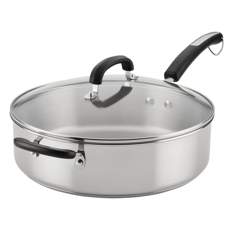 Stainless steel pot with lid and black handles on a white background