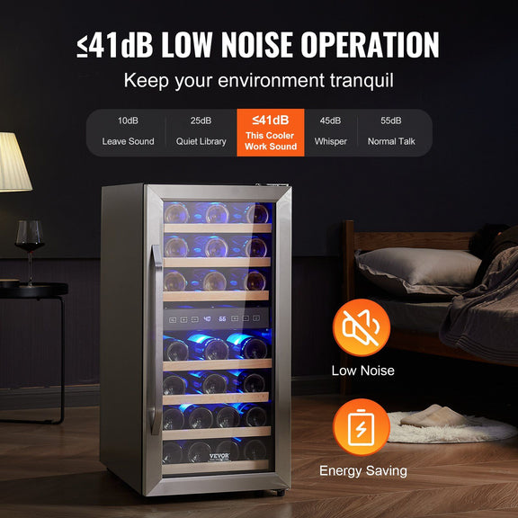 Wine cooler with wine bottles inside, labeled for low noise operation in a bedroom setting.