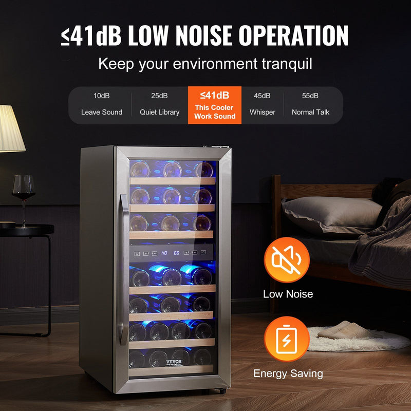 Wine cooler with wine bottles inside, labeled for low noise operation in a bedroom setting.