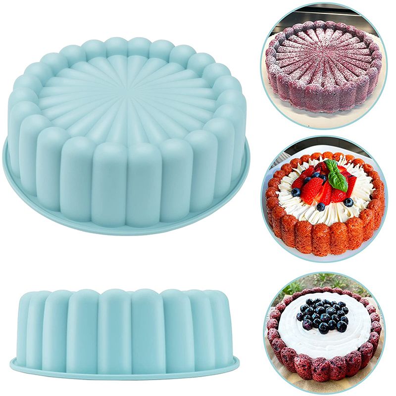 Silicone cake mold with examples of cakes baked using it on a white background