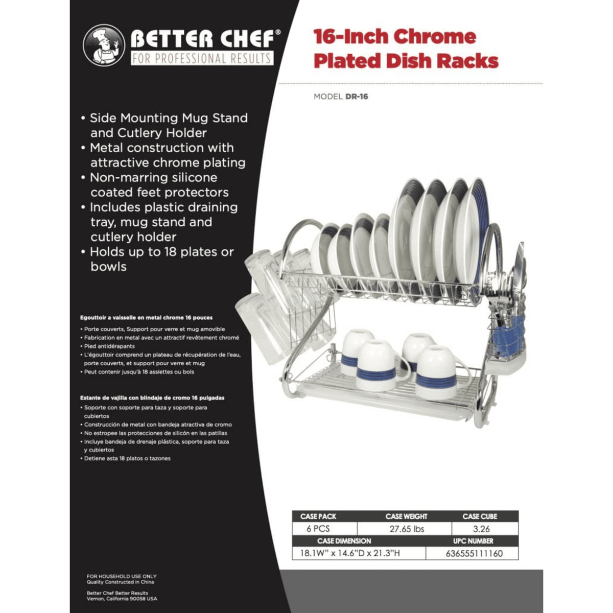 Better Chef 16-inch chrome plated dish rack with product details on a white background