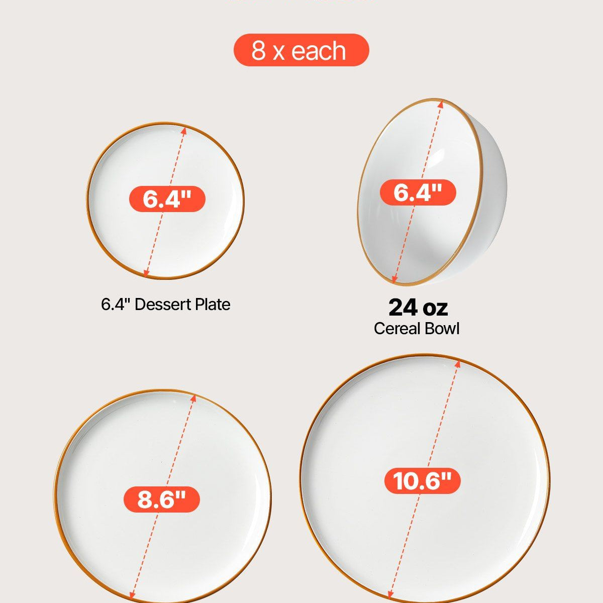 Set of 32-piece dinnerware with measurements on a light gray background