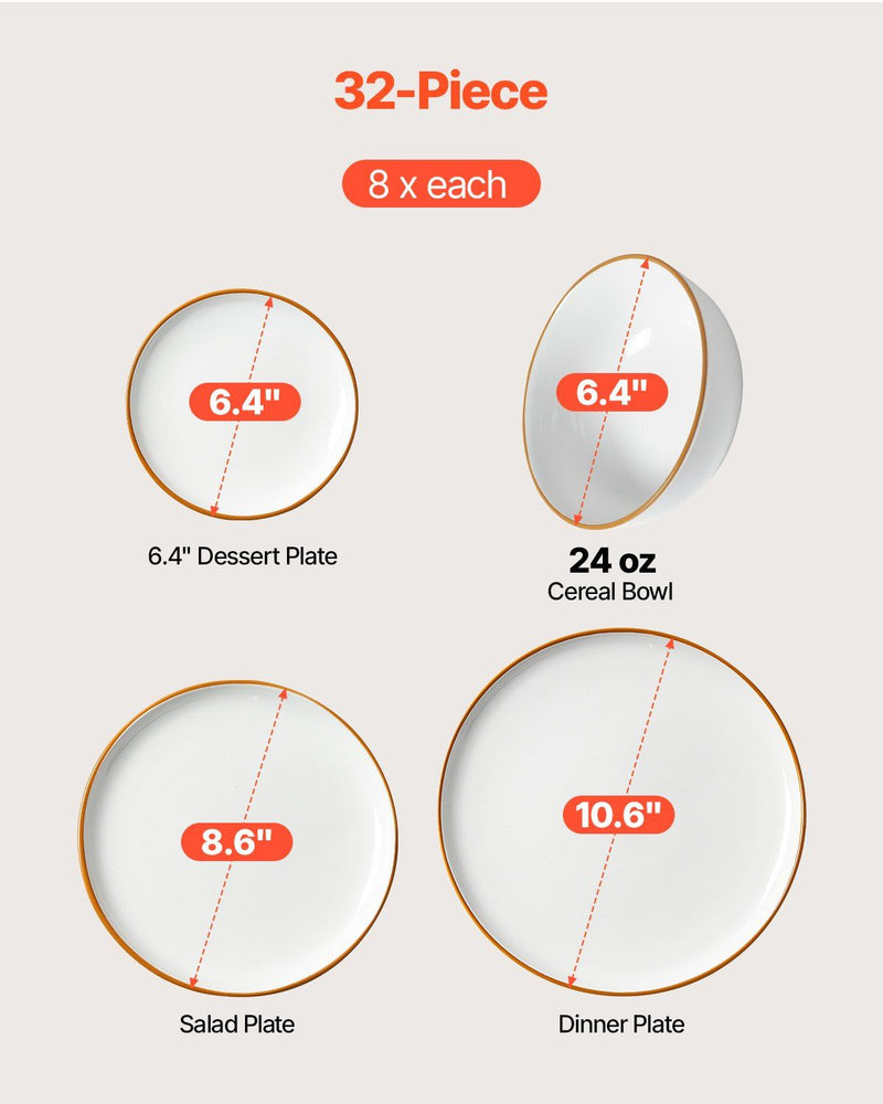 Set of 32-piece dinnerware with measurements on a light gray background