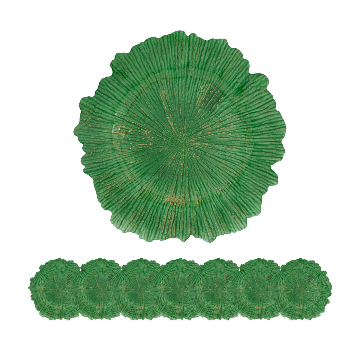 Set of green decorative glass charger  plates with scalloped edges on a white background