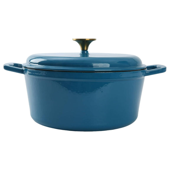 Blue 4.75 quart enameled cast iron dutch oven on a white background