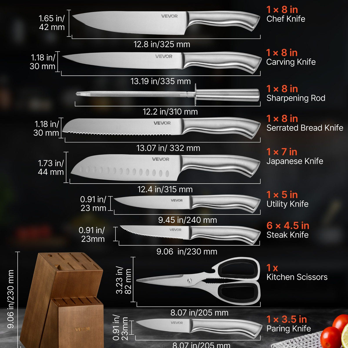 15-piece knife set with measurements and a wooden knife block on a dark background