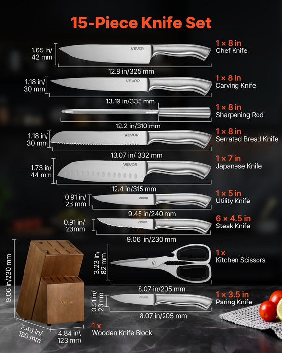 15-piece knife set with measurements and a wooden knife block on a dark background