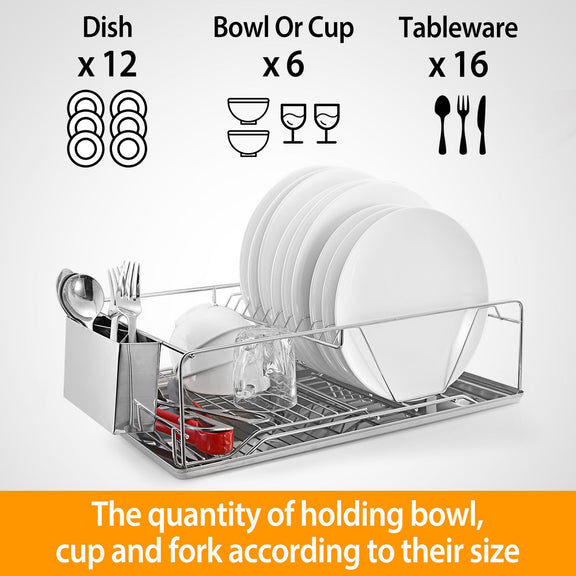 Dish rack with plates, bowls, cups, and cutlery on a white background
