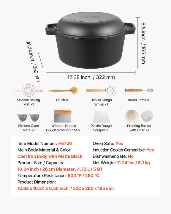 Black cast iron cookware set with dimensions and features on a white background