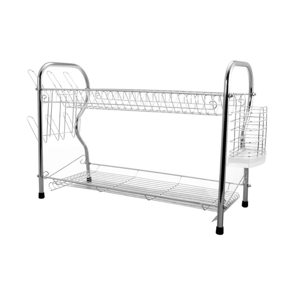 Metal dish rack with two shelves on a white background