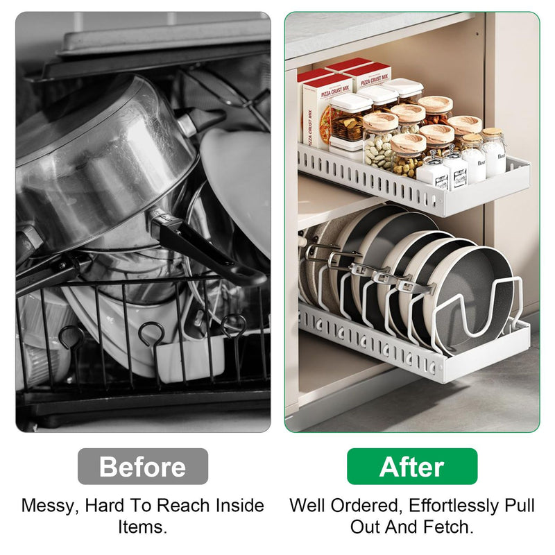 Before and after comparison of a kitchen cabinet with messy and organized shelves.