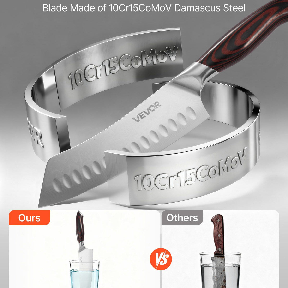 Stainless steel spatula with '10Cr15CoMoV' marking on a gray background