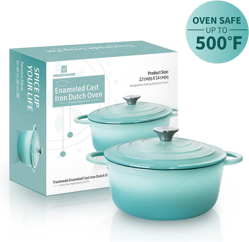 Turquoise enameled cast iron Dutch oven with packaging on a white background