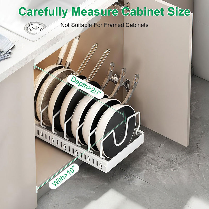 Kitchen cabinet organizer with pots and pans inside, showing measurement requirements.