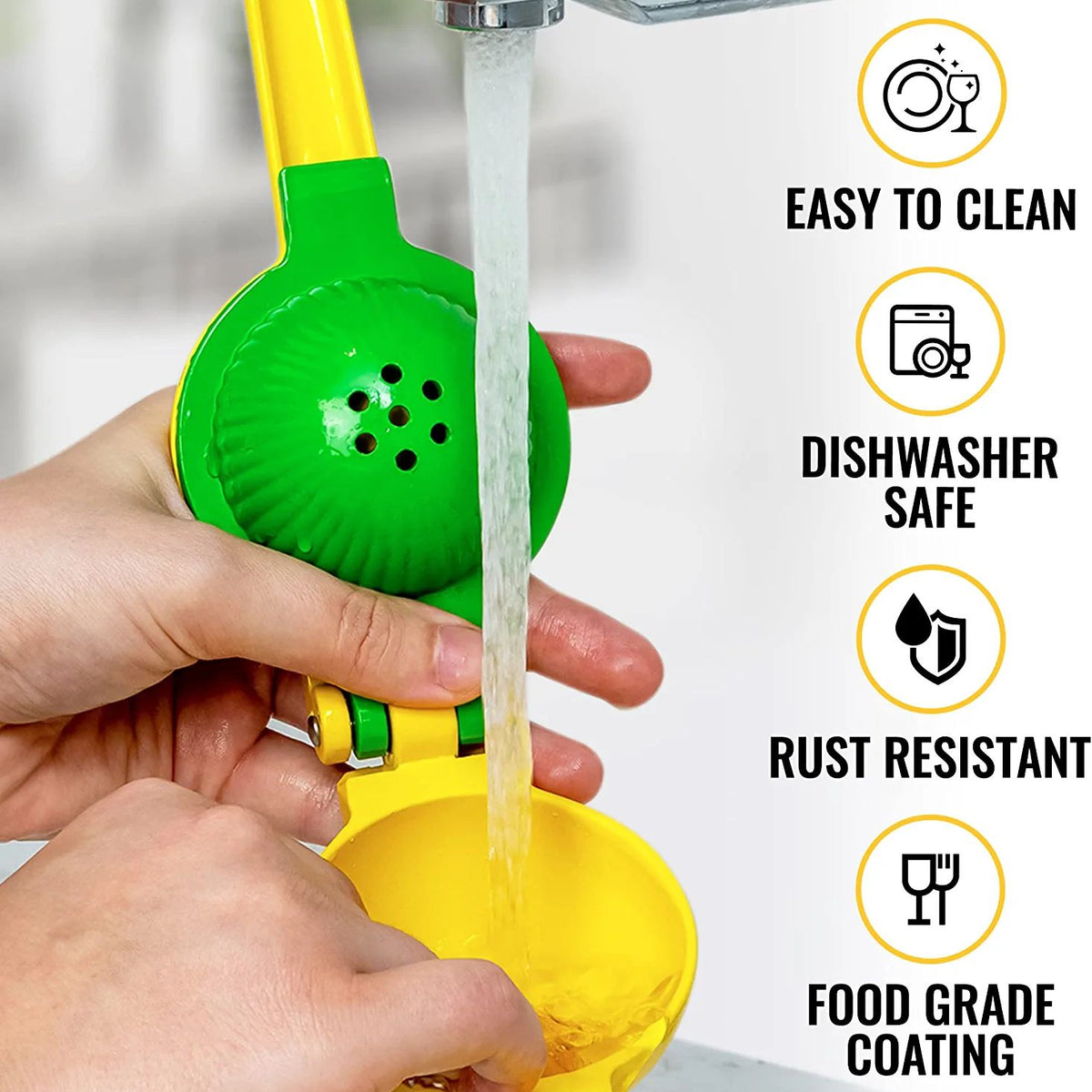 Green and yellow kitchen tool being rinsed under water with features listed on the right.
