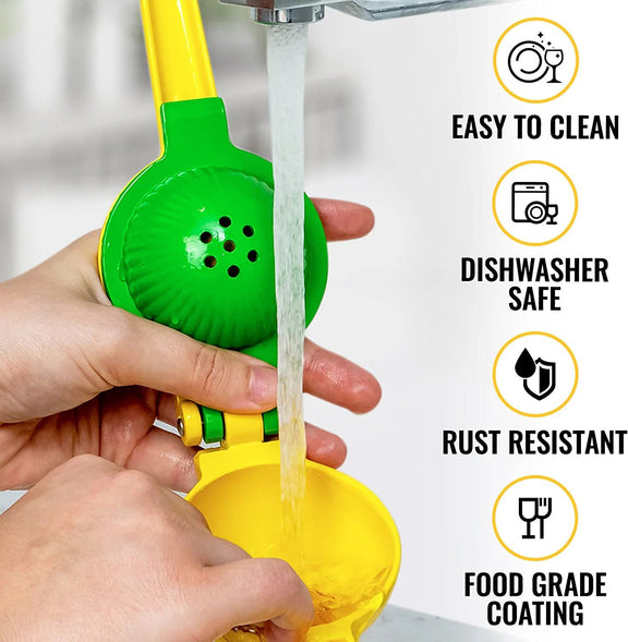 Green and yellow kitchen tool being rinsed under water with features listed on the right.
