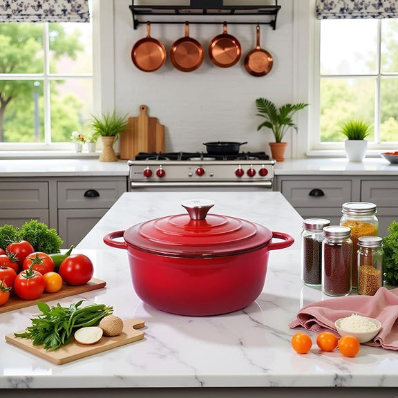 Red cast iron cookware on a kitchen counter with vegetables and spices.