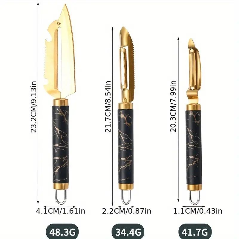 Set of three kitchen utensils with gold accents and marble pattern handles, shown with measurements on a white background.