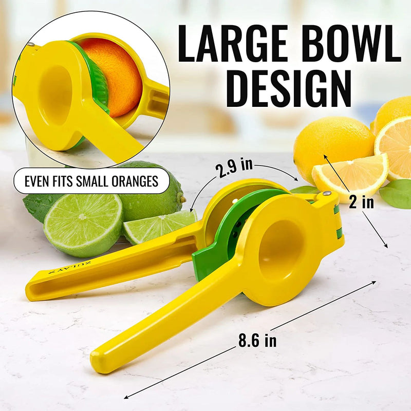 Yellow lemon squeezer with measurements and text on a white background