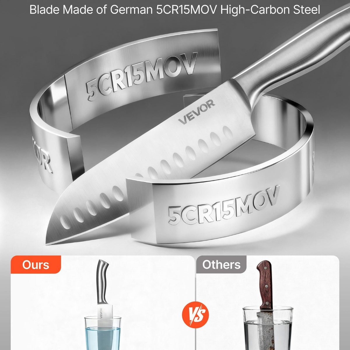 Vevor knife with German 5CR15MOV blade on a gray background