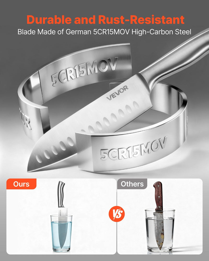 Vevor knife with German 5CR15MOV blade on a gray background