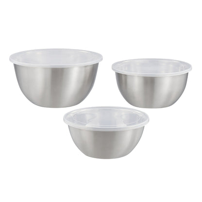 Three metallic bowls with plastic lids on a white background