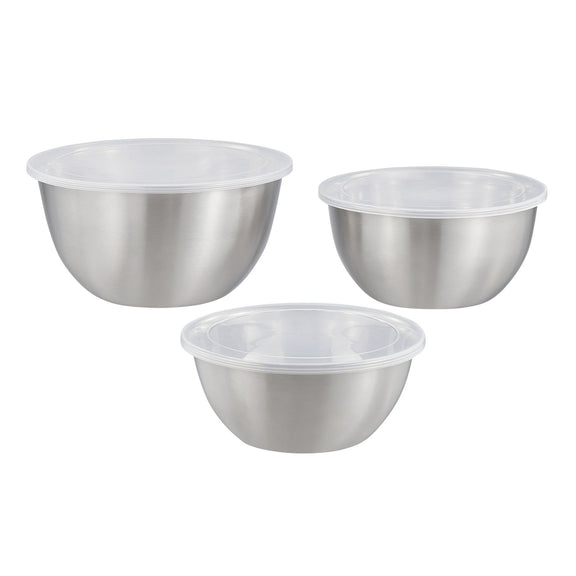 Three metallic bowls with plastic lids on a white background