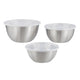 Three metallic bowls with plastic lids on a white background