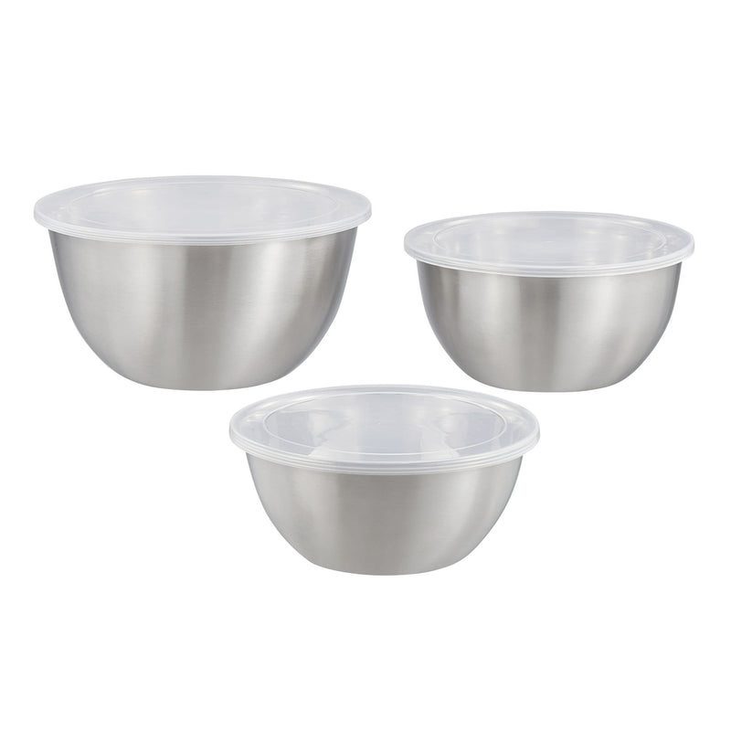 Three metallic bowls with plastic lids on a white background