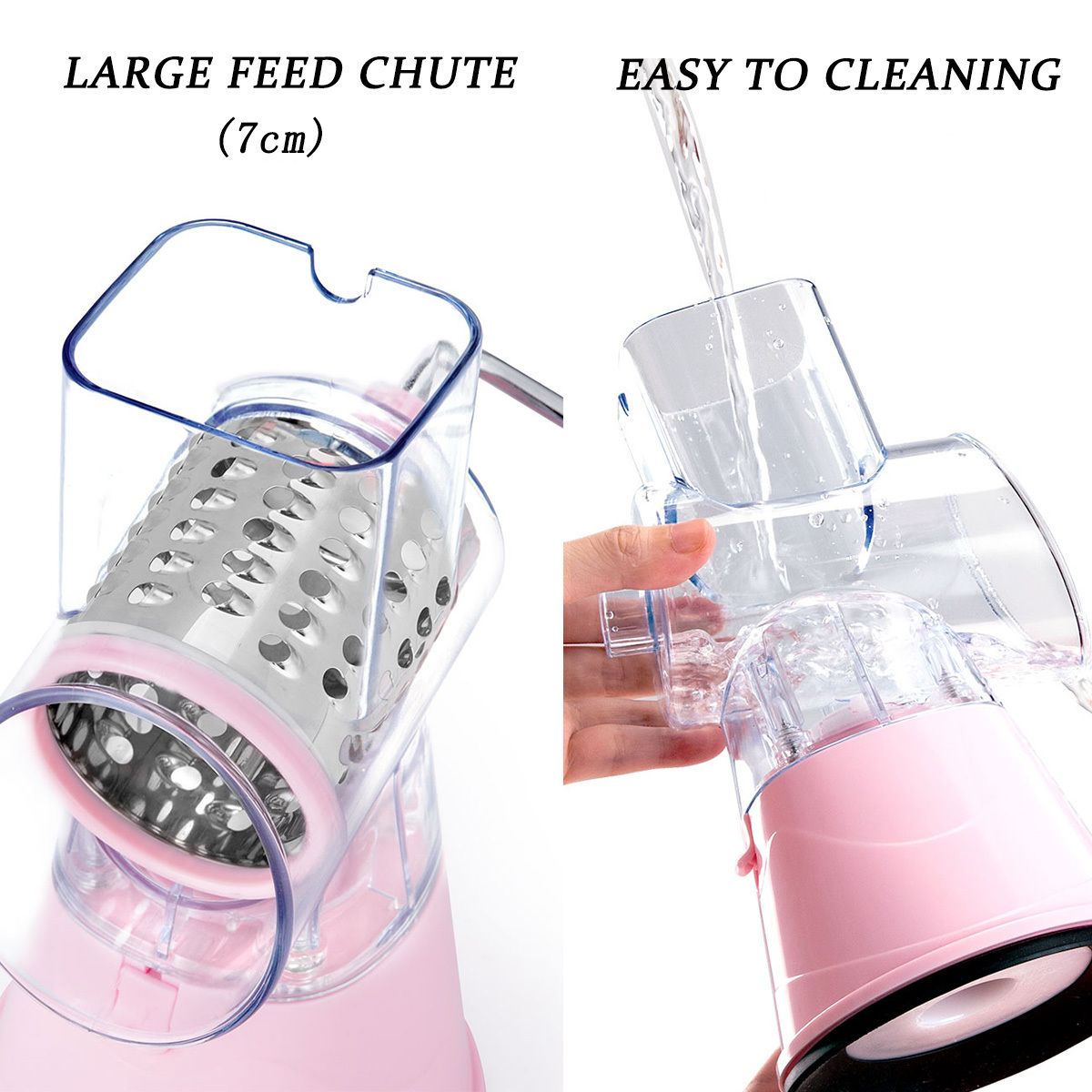Pink food processor with large feed chute and ease of cleaning features on a white background