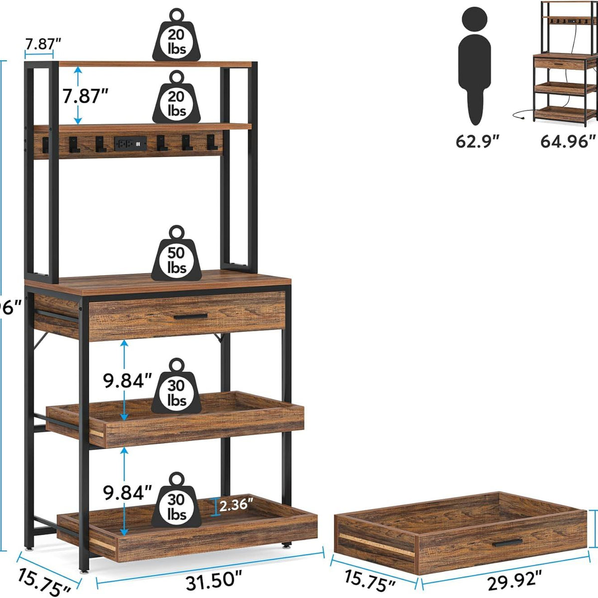 Wooden shelf with dimensions and weight capacity indicators on a white background