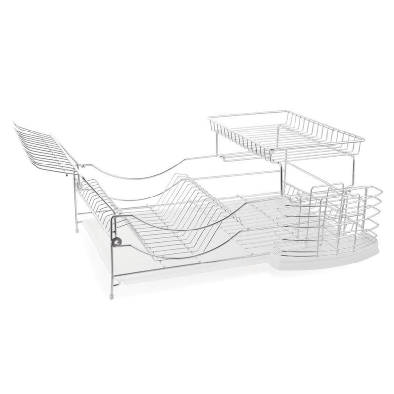 Wire kitchen dish rack organizer with multiple tiers on a white background