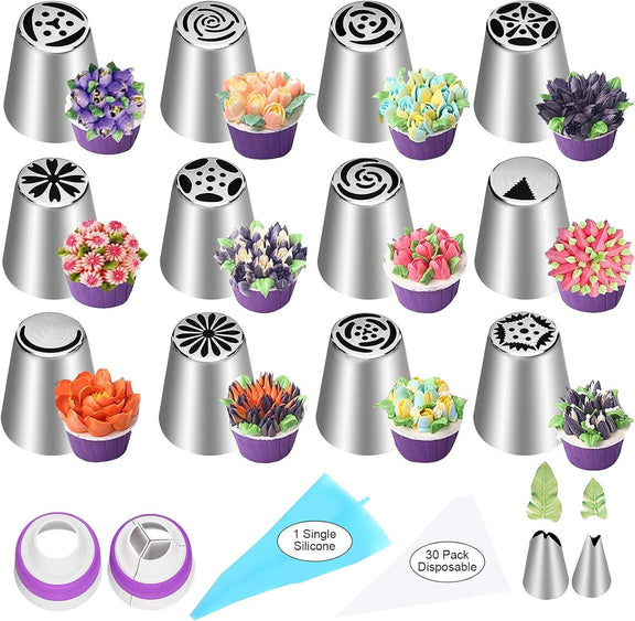 Set of 30 Russian piping tips with decorative flowers in small pots on a white background.