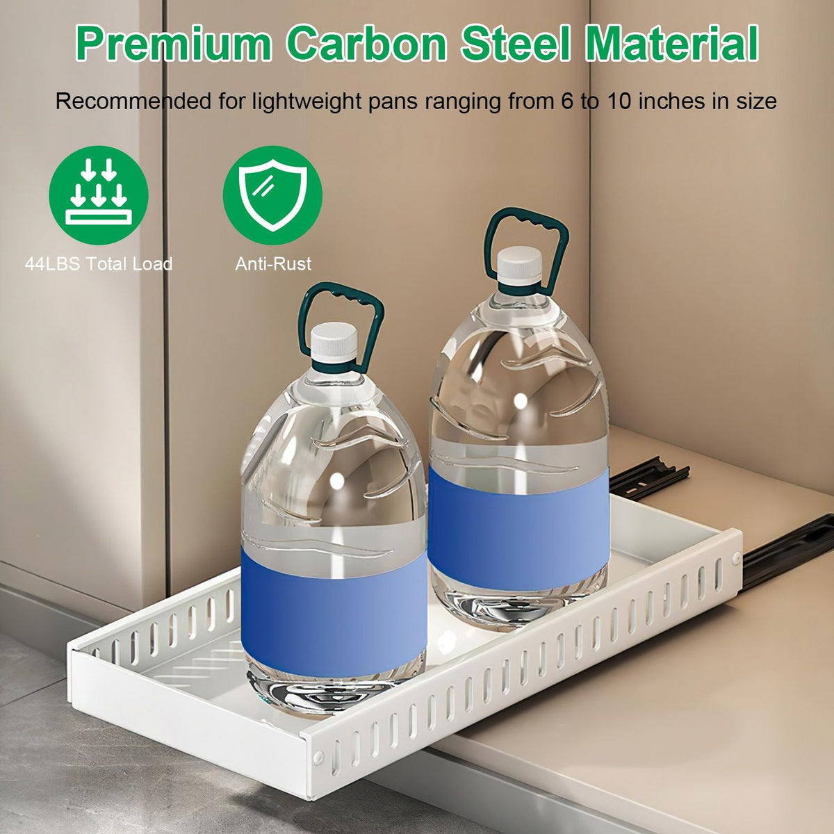 Two large water bottles with blue labels on a white tray, with text about carbon steel material and product features.