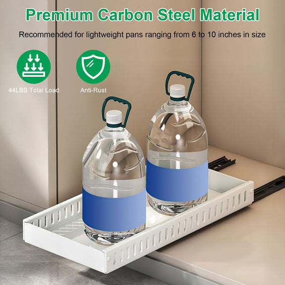 Two large water bottles with blue labels on a white tray, with text about carbon steel material and product features.