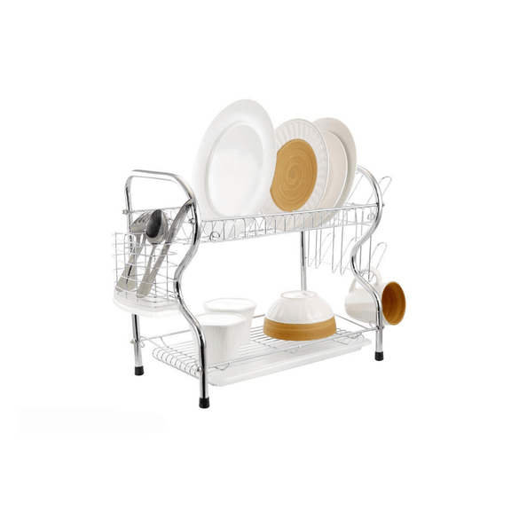 Two-tier dish rack with dishes on a white background