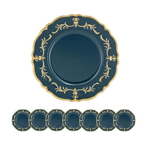 Set of blue plates with gold decorative rim on a white background