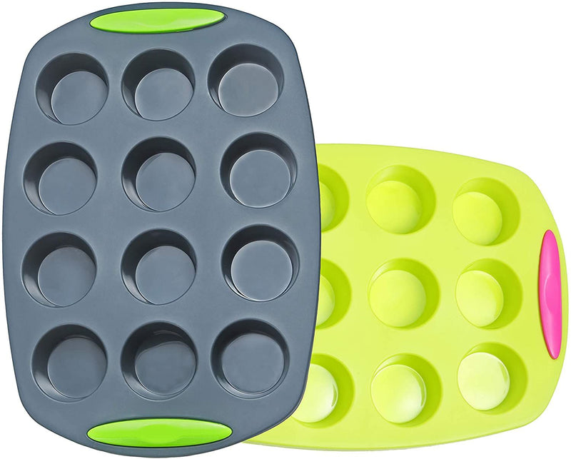 Two silicone baking molds, one gray and one green with pink accents, on a white background.