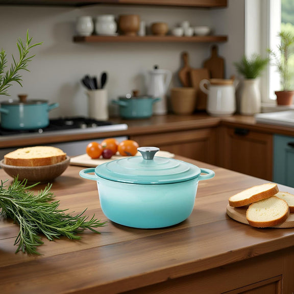 Turquoise ceramic pot on a wooden kitchen counter with bread and fruit