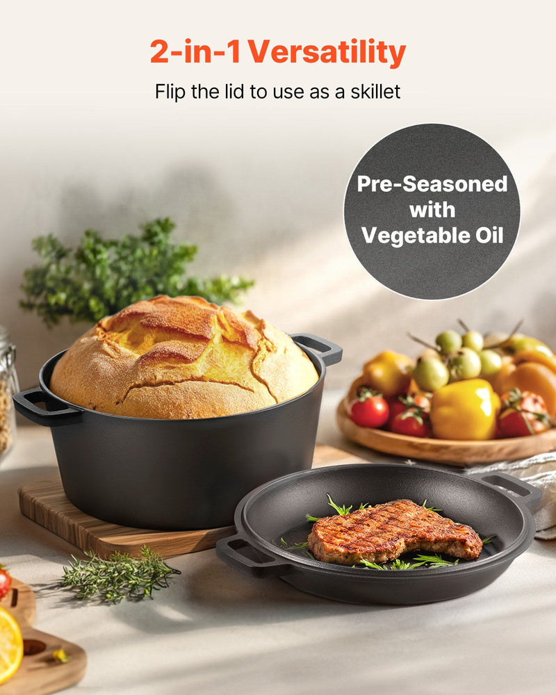 Black cast iron skillet with pre-seasoned vegetable oil, bread, and vegetables on a wooden surface.